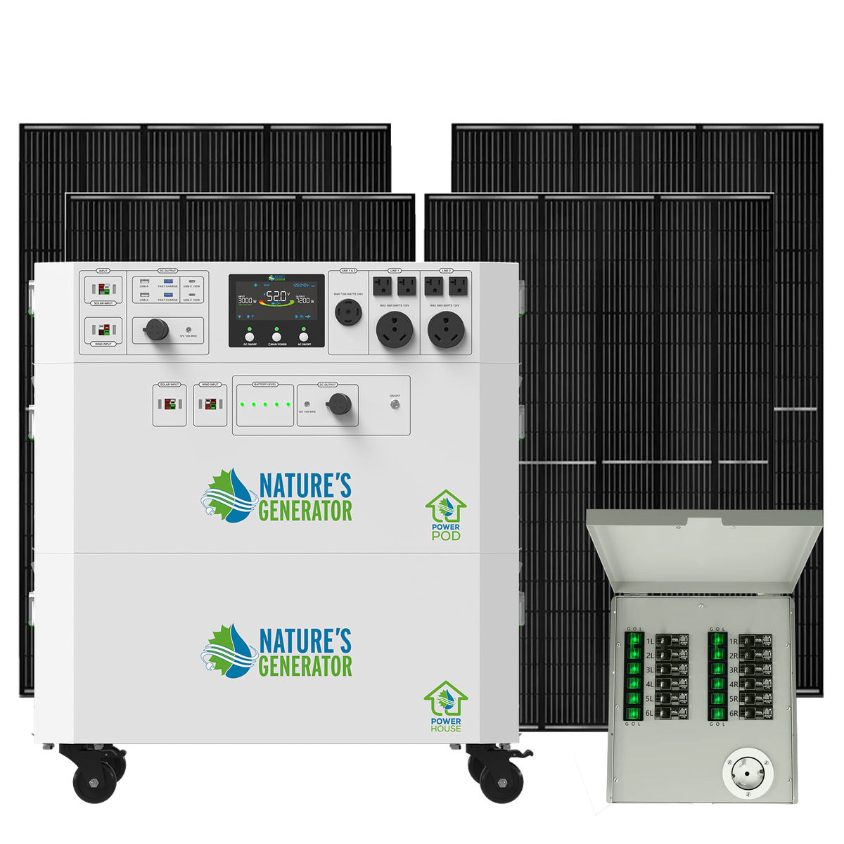 Nature's Generator Powerhouse Gen 2 Solar Kit — 7200W, 4800Wh, Transfer Switch