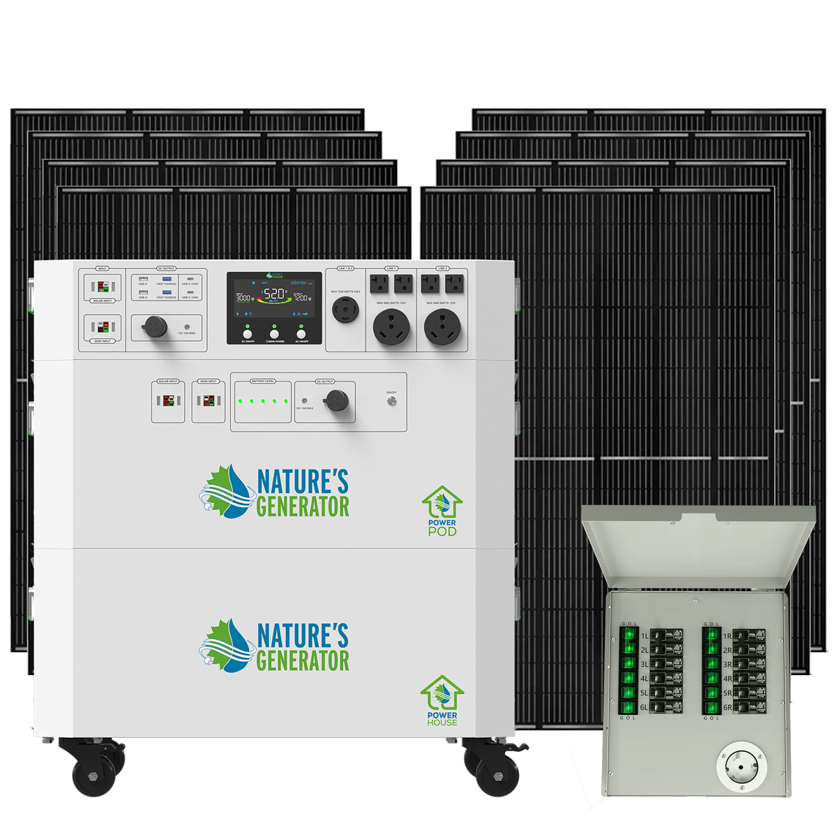 Nature's Generator Powerhouse Gen 2 Solar Kit — 7200W, 4800Wh, Transfer Switch
