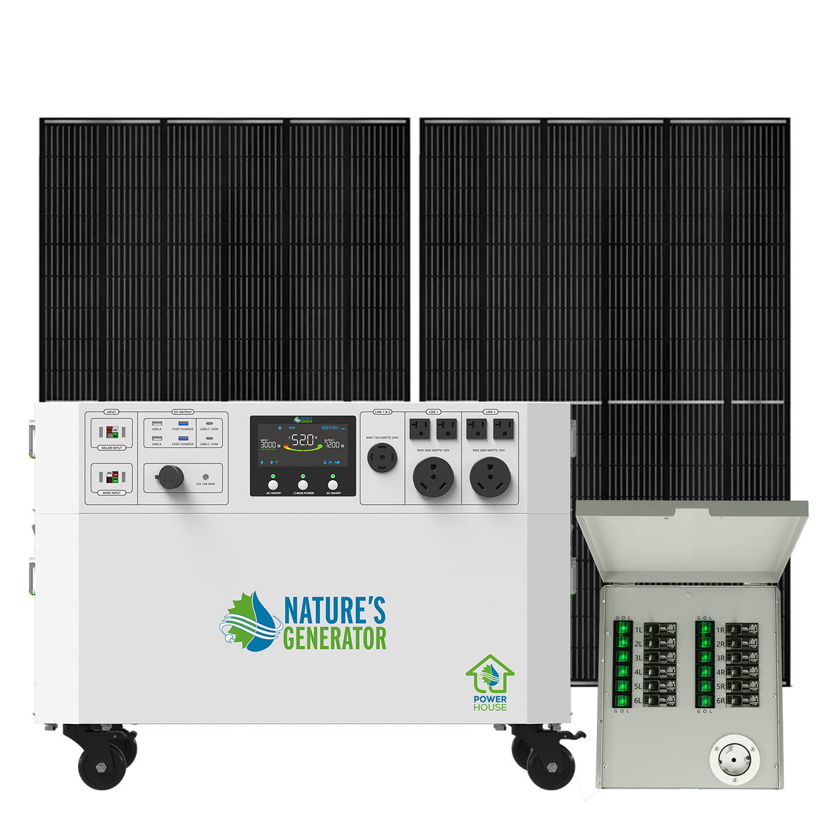 Nature's Generator Powerhouse Gen 2 Solar Kit — 7200W, 4800Wh, Transfer Switch
