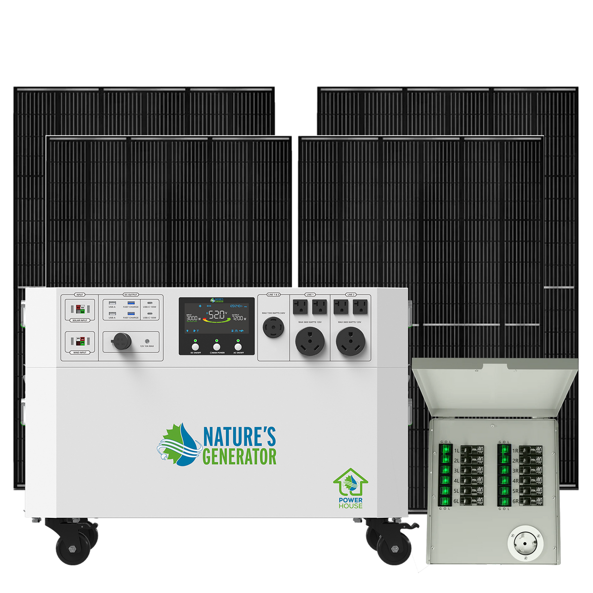 Nature's Generator Powerhouse Gen 2 Solar Kit — 7200W, 4800Wh, Transfer Switch