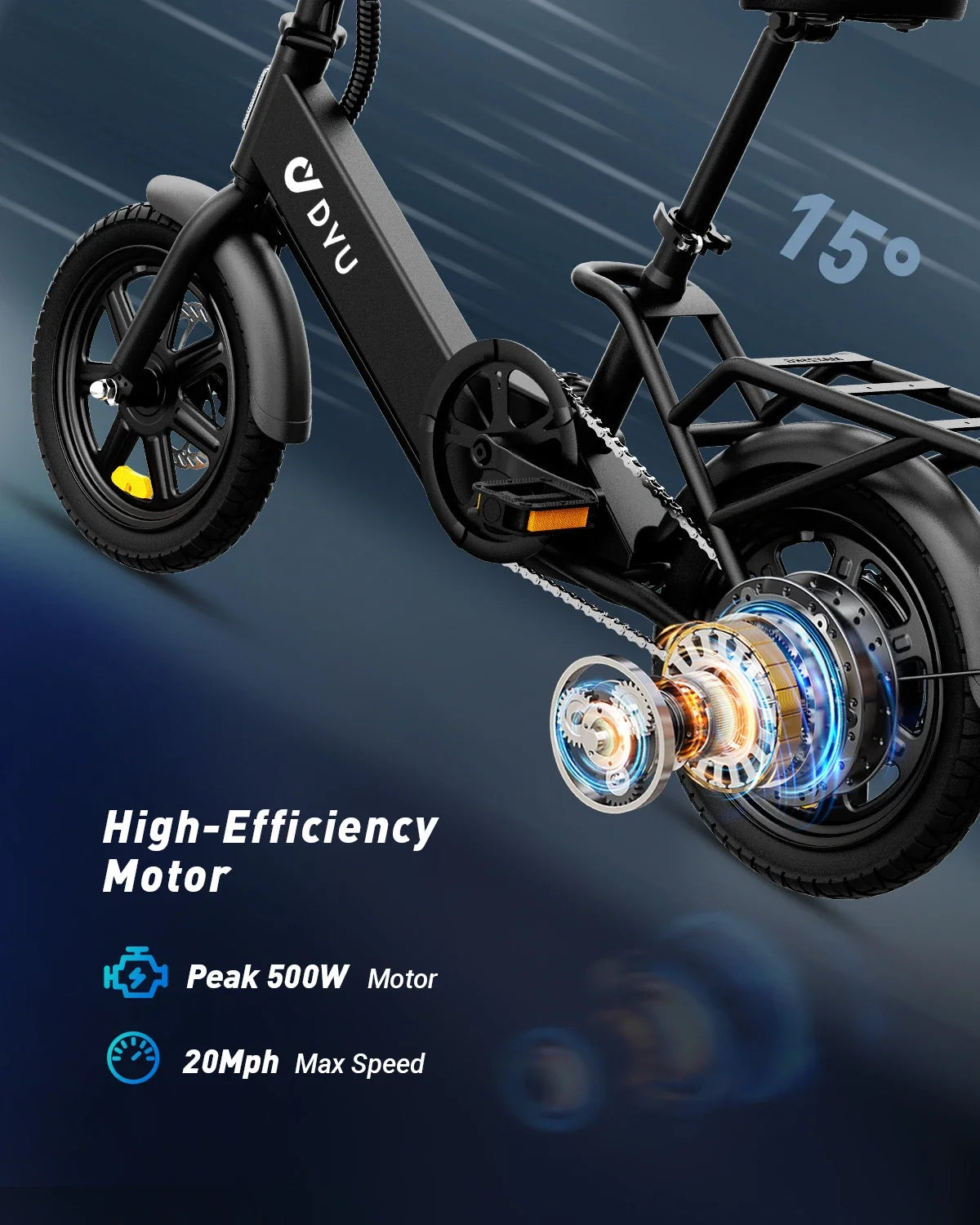 DYU C3 Folding E-Bike — 500W Peak, 14 in., 20 MPH, UL2849 Certified