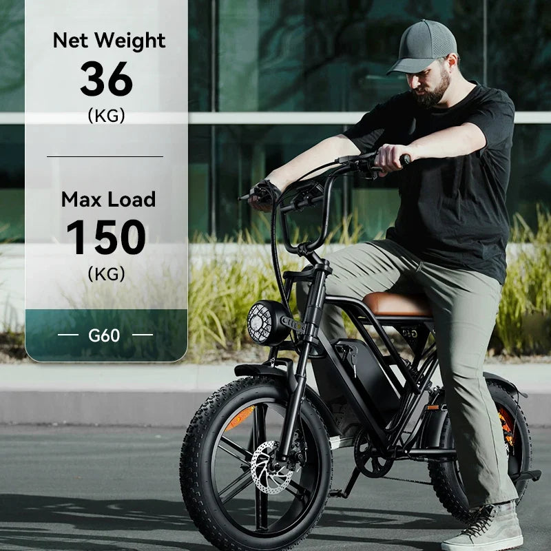 G60 1000W Fat-Tire E-Bike — 48V 15Ah, Dual Suspension, 31 MPH