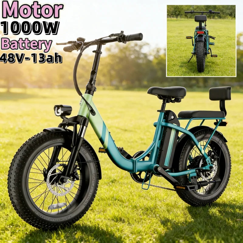 Parent-Child Folding E-Bike 1000W — 48V 13Ah Detachable Battery, 20 in.