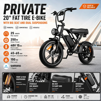 G60 1000W Fat-Tire E-Bike — 48V 15Ah, Dual Suspension, 31 MPH
