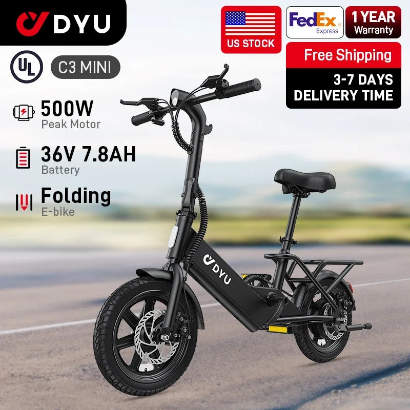 DYU C3 Folding E-Bike — 500W Peak, 14 in., 20 MPH, UL2849 Certified