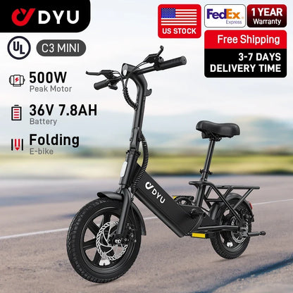 DYU C3 Folding E-Bike — 500W Peak, 14 in., 20 MPH, UL2849 Certified